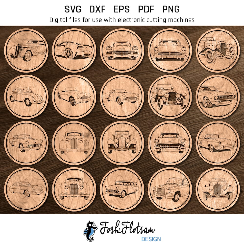 Coaster SVG - Retro car coaster SVG bundle image 5 All 20 retro car coaster SVG designs shown on one page as digital, stylized coaster SVGs.